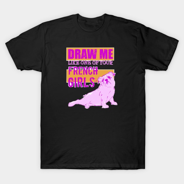 Draw Me Like One of Your French Girls Bulldog, Purple/Yellow T-Shirt by stuckyillustration